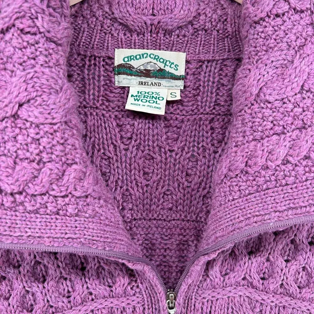 ARAN CRAFTS Sweater Womens S Merino Wool Fisherman Cardigan Zip Up Purple